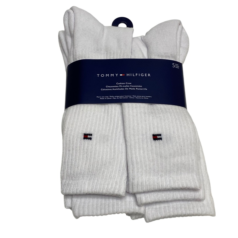 Tommy Hilfiger Mens Cushion Crew Socks 5 Pair Pack White One Size NWT
